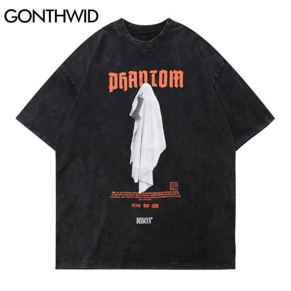 GONTHWID Tshirts Hip Hop Distressed Middle Finger Ghost Streetwear Tees Shirts Harajuku Hipster Casual Cotton Short Sleeve Tops