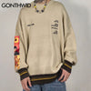 GONTHWID Van Gogh Sleeve Patchwork Pullover Knit Sweater 2023 Mens Hip Hop Embroidery Crewneck Knitwear Sweaters Streetwear Tops