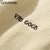 GONTHWID Van Gogh Sleeve Patchwork Pullover Knit Sweater 2023 Mens Hip Hop Embroidery Crewneck Knitwear Sweaters Streetwear Tops