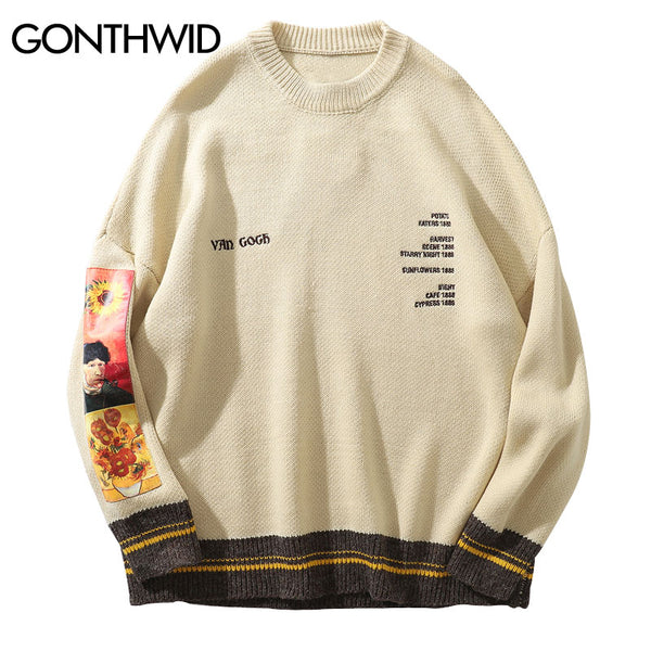 GONTHWID Van Gogh Sleeve Patchwork Pullover Knit Sweater 2023 Mens Hip Hop Embroidery Crewneck Knitwear Sweaters Streetwear Tops