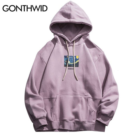 GONTHWID Van Gogh Starry Night Print Fleece Hoodies Sweatshirts Streetwear Men Hip Hop Pullover Hooded Tops Male Harajuku Jumper