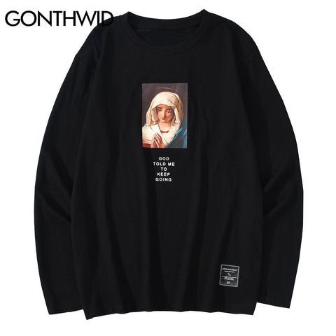 GONTHWID Virgin Mary Print Long Sleeve Cotton Tees Shirts Streetwear Mens Harajuku Hip Hop Casual Tshirts Tops Male