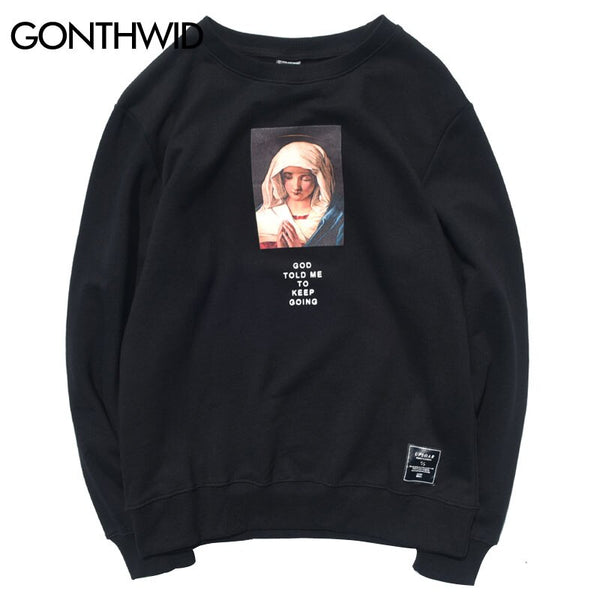 GONTHWID Virgin Mary Printed Pullover Hoodies Sweatshirts 2023 Men Women Hip Hop Streetwear Casual Cotton Hoodie Tops