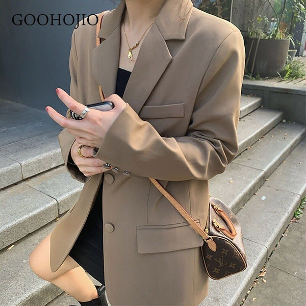 GOOHOJIO Office Ladies Notched Collar Plaid Women Blazer Double Breasted Autumn Jacket 2022 Casual Pockets Female Suits Coat