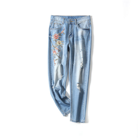 New Boyfriend Jeans Ripped High Waist Dense Denim Floral Embroidered Jeans For Women Plus Size C4527