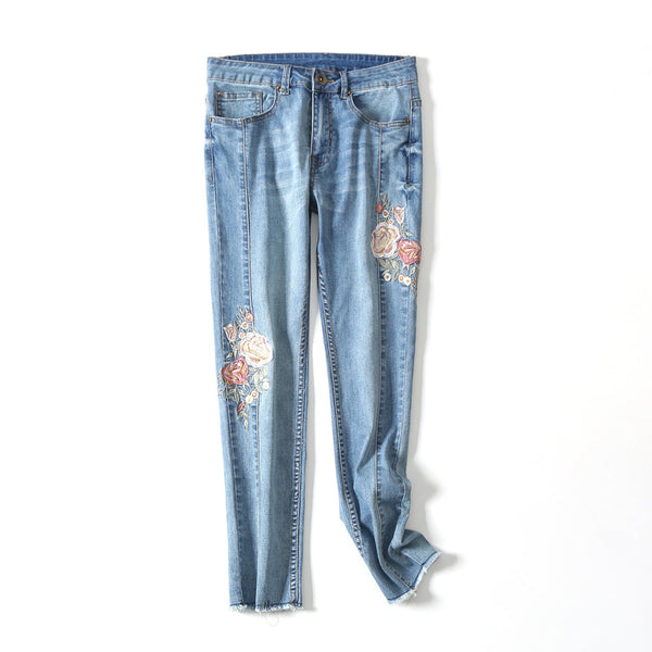 New Raw-fringed hem Floral Embroidery Jeans Women Ankle Length Denim Jeans Elastic Autumn Pencil Pants C4525