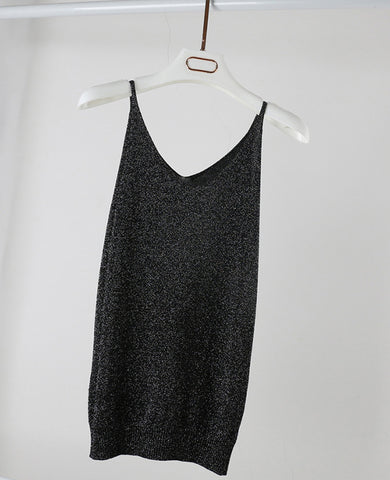 Sexy Autumn Knitted Tank Top Women Blouse Fashion Silver Thread Deep V Neck Top Female shirt Sleeveless Vest Casual Camis