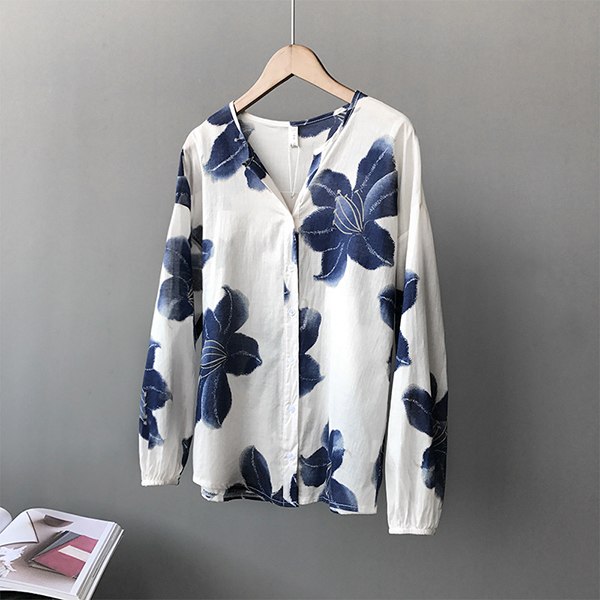 Summer Fashion Floral print Blouse Women Cotton long sleeve Button Streetwear Shirts Plus size Casual Blusas Female Tops