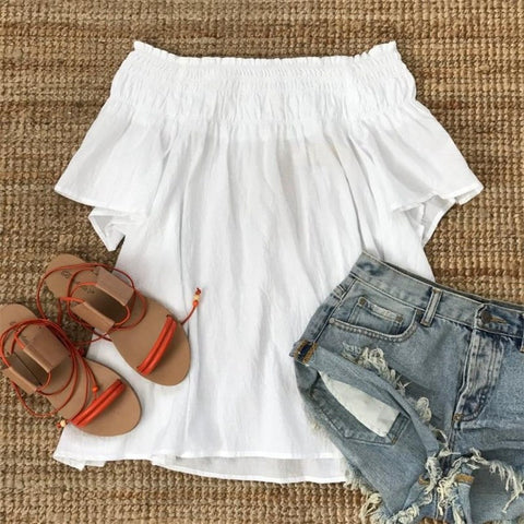 Women Summer Flare Sleeve Boho Short Dress Sexy Off The Shoulder Loose White Mini Dresses Casual Beach Vestidos
