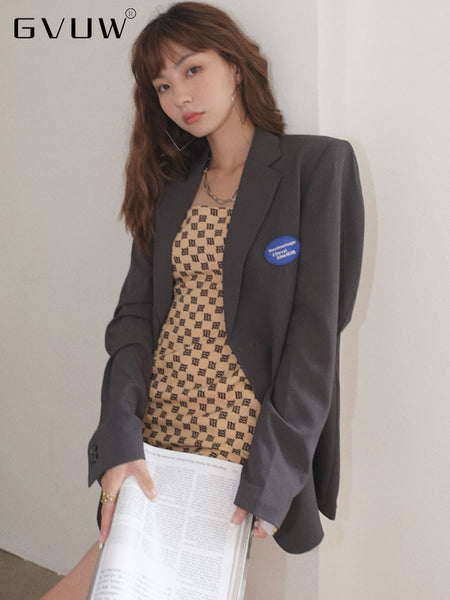 GVUW Gray Casual Blazer Women Notched Neck Single Breasted Long Sleeve Suit Jackets 2023 antumn Tide Clothes 20A3261