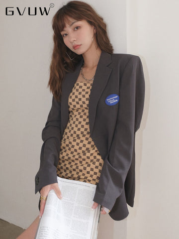 GVUW Gray Casual Blazer Women Notched Neck Single Breasted Long Sleeve Suit Jackets 2023 antumn Tide Clothes 20A3261