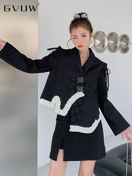 GVUW Irregular Patchwork Lace Fungus Blazer Women Notched Neck Long Sleeve Short Suit Jackets 2023 Autumn 20A2935