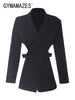 GYMAMAZES Hollow Out Solid Blazers For Women Notched Long Sleeve Backless Irregular Coats Female Clothing Autumn Style