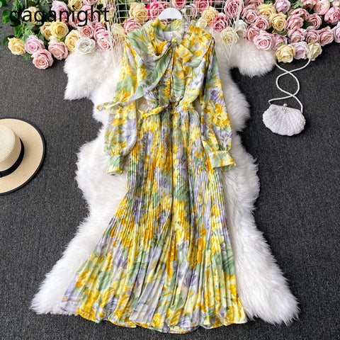 Gaganight Chiffon Women Maxi Party Dress 2023 Spring Long Sleeve Lady Floral Bodycon Holiday Dresses Chic Vestidos