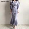 Gaganight Women Maxi Solid Maxi Dress Eleagnt Office Lady Chic Korean Bodycon Dresses Slim Double Breasted Vestidos 2023