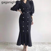 Gaganight Women Maxi Solid Maxi Dress Eleagnt Office Lady Chic Korean Bodycon Dresses Slim Double Breasted Vestidos 2023