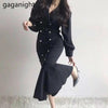 Gaganight Women Maxi Solid Maxi Dress Eleagnt Office Lady Chic Korean Bodycon Dresses Slim Double Breasted Vestidos 2023