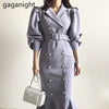 Gaganight Women Maxi Solid Maxi Dress Eleagnt Office Lady Chic Korean Bodycon Dresses Slim Double Breasted Vestidos 2023