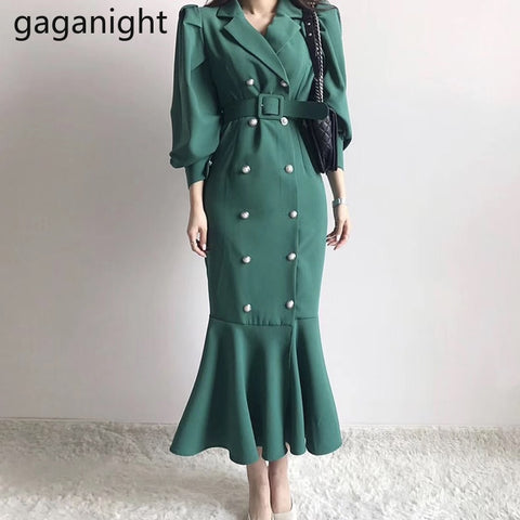 Gaganight Women Maxi Solid Maxi Dress Eleagnt Office Lady Chic Korean Bodycon Dresses Slim Double Breasted Vestidos 2023