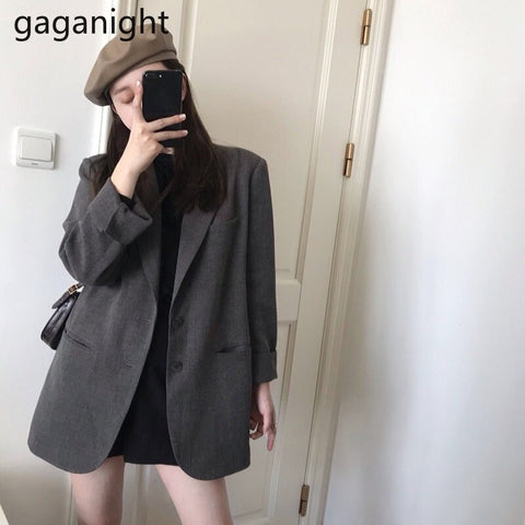 Gaganight Vintage Women Blazer Spring Autumn Elegant Office Lady Coats Casual Loose Solid Outwear Tops Chic Korean Blazers New
