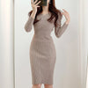 Gagaok Knitted Dresses Women 2022 Spring Autumn V-Neck Sheath Office Lady Solid Midi Dress Korean Chic Simple Vestidos