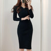Gagaok Knitted Dresses Women 2022 Spring Autumn V-Neck Sheath Office Lady Solid Midi Dress Korean Chic Simple Vestidos