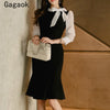 Gagaok Office Lady Dresses Women 2022 Spring Autumn Patchwork Bow Elegant Sheath Mini Dress Korean Chic Bodycon Vestidos