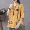 Gajah Wanita Blus Chic Jepang Setengah Lengan Katun Bordir Huruf Pakaian Musim Panas Longgar Bawah Tops Plus Ukuran M-5XL