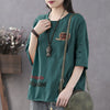 Gajah Wanita Blus Chic Jepang Setengah Lengan Katun Bordir Huruf Pakaian Musim Panas Longgar Bawah Tops Plus Ukuran M-5XL