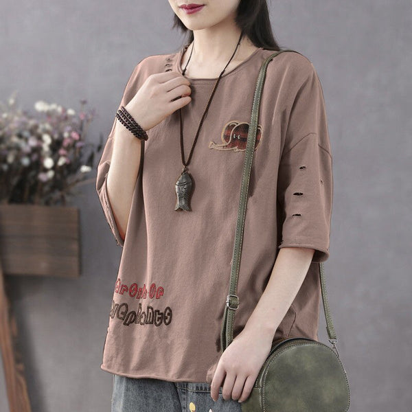Gajah Wanita Blus Chic Jepang Setengah Lengan Katun Bordir Huruf Pakaian Musim Panas Longgar Bawah Tops Plus Ukuran M-5XL