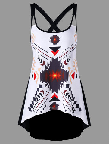 Plus Size 5XL Geometric Printed High Low Asymmetrical Tank Top Women Summer Fashion Cross Back Top Ladies Casual Tank Top