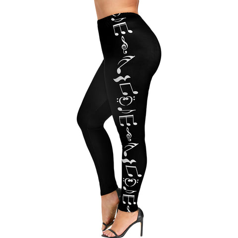 Plus Size 5XL Monochrome Music Notes Print Legging Women High Waist Black Skinny Capri Sporting Leggings Pencil Pants