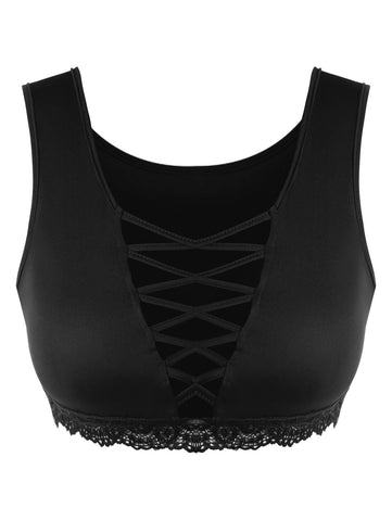 Plus Size Criss Cross Lace Trimmed Women Tank Top 2022 Fashion V-Neck Sleeveless Ladies Crop Tops Black Women Clothing