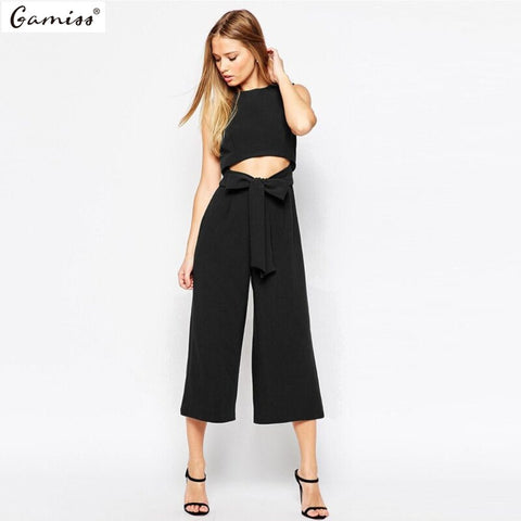 Sexy Hollow Out Bowknots Women Wide Leg Jumpsuit Ladies Sleeveless Overalls Belts Feminino Roompers Office Lady workwear