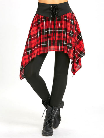 Women Asymmetric Plaid Lace Up Skirted Leggings High Waisted Skinny Criss Cross Female Skinny Legging Long Pants Trousers
