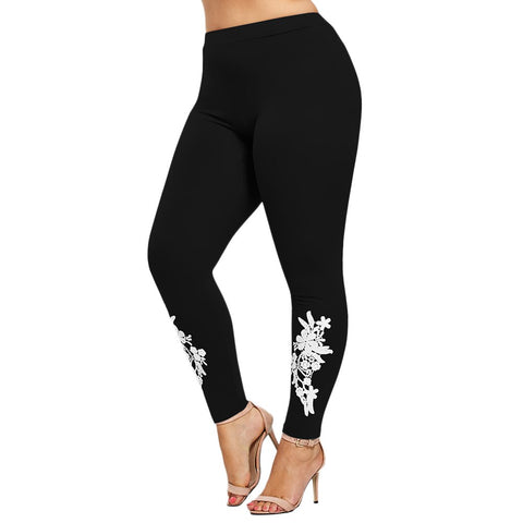 Women Plus Size Appliqued Skinny Leggings Floral Printing Stretch Mid Waist Large Size Trousers Pants For Plump Women