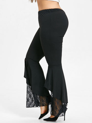 Women Plus Size Lace Trim Flare Leggings Elastic Waist Female Big Size Casual Mid Trousers Overlength Palazzo Pants 5XL