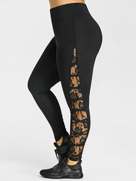 Women Sexy Criss Cross Plus Size Lace Panel Leggings Female Workout Mesh High Waist Adventure Time Side Mesh Legging 5XL
