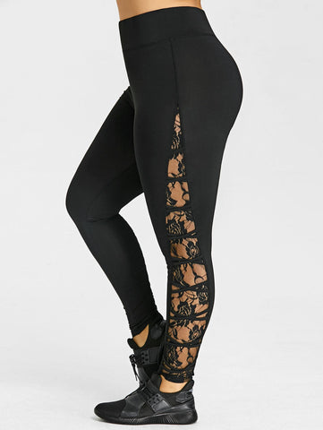 Women Sexy Criss Cross Plus Size Lace Panel Leggings Female Workout Mesh High Waist Adventure Time Side Mesh Legging 5XL