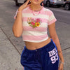 Gaono Y2K Floral Print Striped Crop Top Women Kawaii Slim Fit Baby Tees Pullovers Harajuku Grunge T-shirt Sweet Girl Clothes