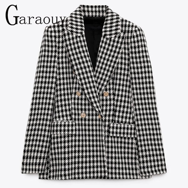 Garaouy 2023 Autumn Basic Houndstooth Blazer Double Breasted Slim Suit Jacket Office Lady Business Coat Outwear Veste Female Y2K