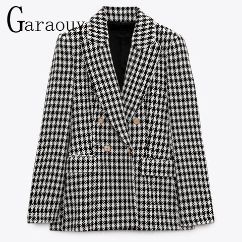 Garaouy 2023 Autumn Basic Houndstooth Blazer Double Breasted Slim Suit Jacket Office Lady Business Coat Outwear Veste Female Y2K