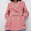 Garaouy 2023 Spring Chic Red Tweed Blazer Office Lady Plaid Jackets Women Long Sleeve Double Breasted Pockets Slim Tops