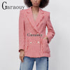 Garaouy 2023 Spring Chic Red Tweed Blazer Office Lady Plaid Jackets Women Long Sleeve Double Breasted Pockets Slim Tops
