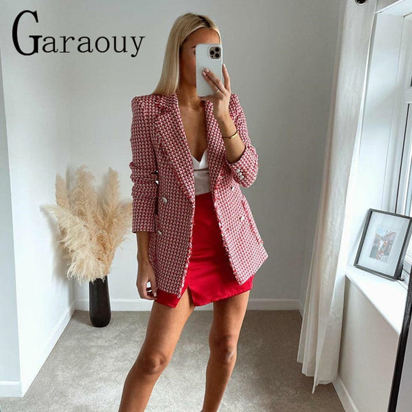 Garaouy 2023 Spring Chic Red Tweed Blazer Office Lady Plaid Jackets Women Long Sleeve Double Breasted Pockets Slim Tops