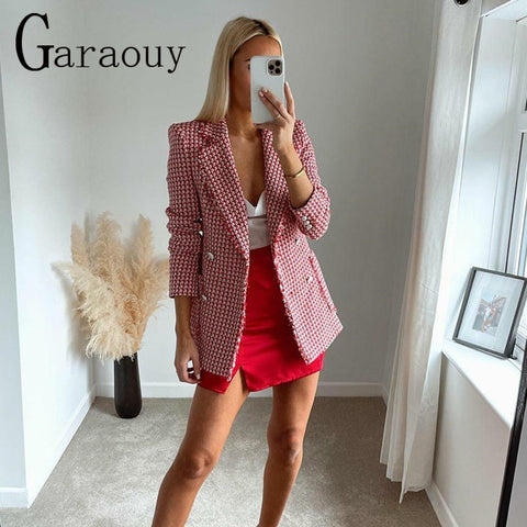 Garaouy 2023 Spring Chic Red Tweed Blazer Office Lady Plaid Jackets Women Long Sleeve Double Breasted Pockets Slim Tops