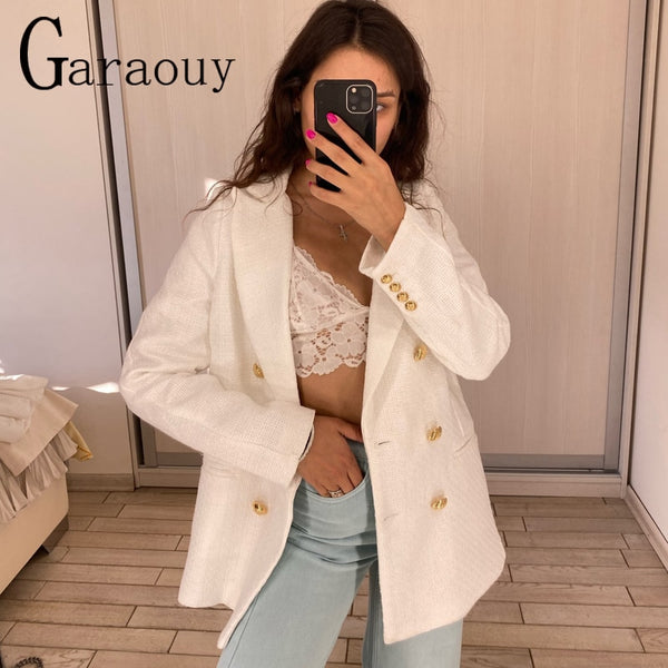 Garaouy 2023 Spring Autumn Blazer Women White Pink Tweed Blazers Jackets Chic Button Office Suit Coat Ladies Elegant Outwear