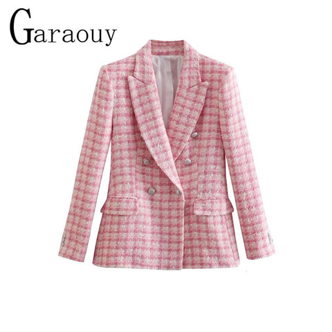 Garaouy Women Suit 2023 Basic Pink Tweed Blazer Women All-Match Lapel Long Sleeve Texture Double-Breasted Slim Casual Jacket Trf