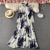 Gentle Style Shirt Collar Dress Women Fall Retro Ink Painting Print Temperament Slim Long Maxi Dress Full Sleeve Femme Robe M035