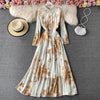 Gentle Style Shirt Collar Dress Women Fall Retro Ink Painting Print Temperament Slim Long Maxi Dress Full Sleeve Femme Robe M035
